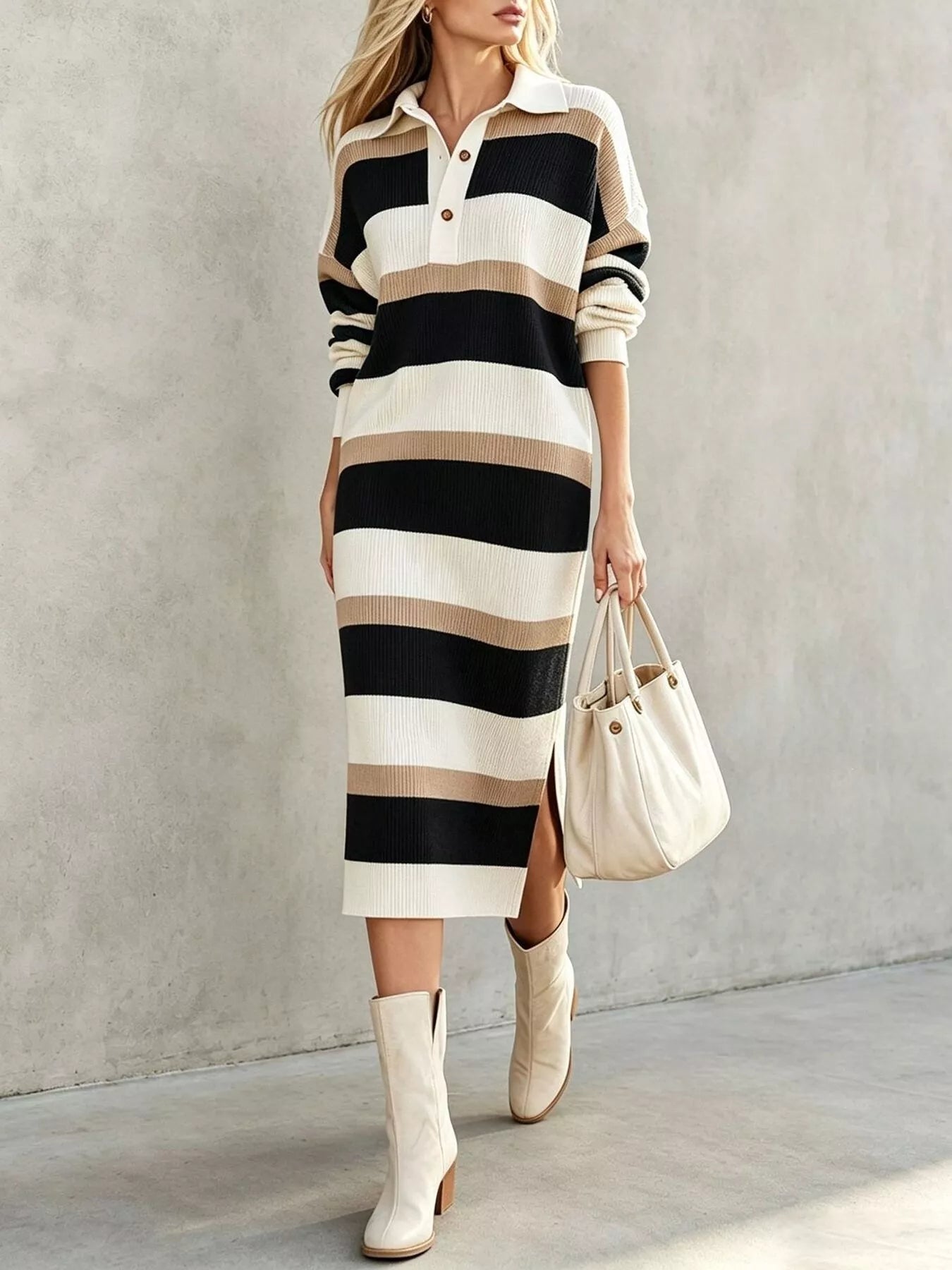 Trendsi Striped Polo Collar Long Sleeve Sweater Dress -