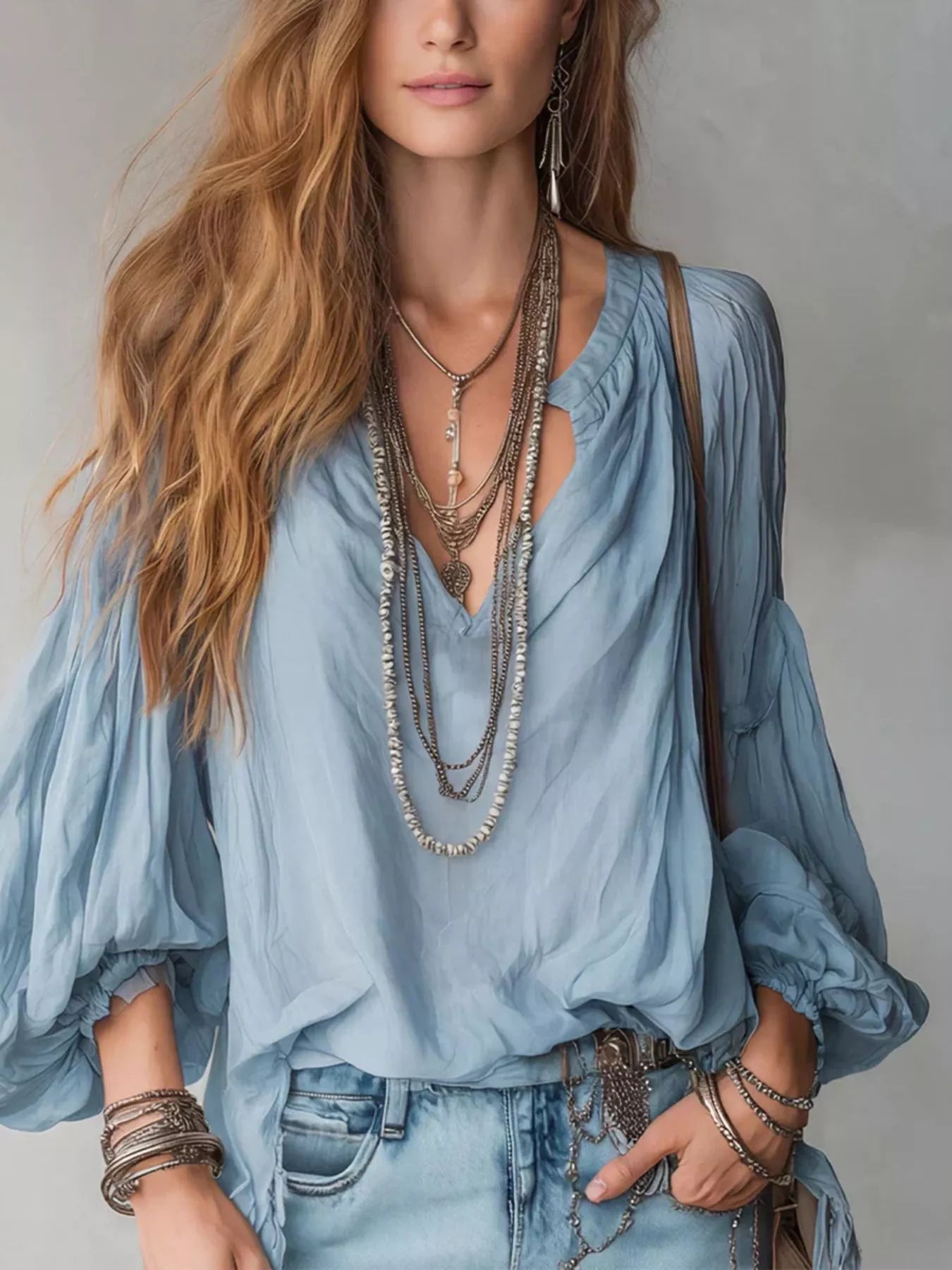 Trendsi Notched Balloon Sleeve Blouse -