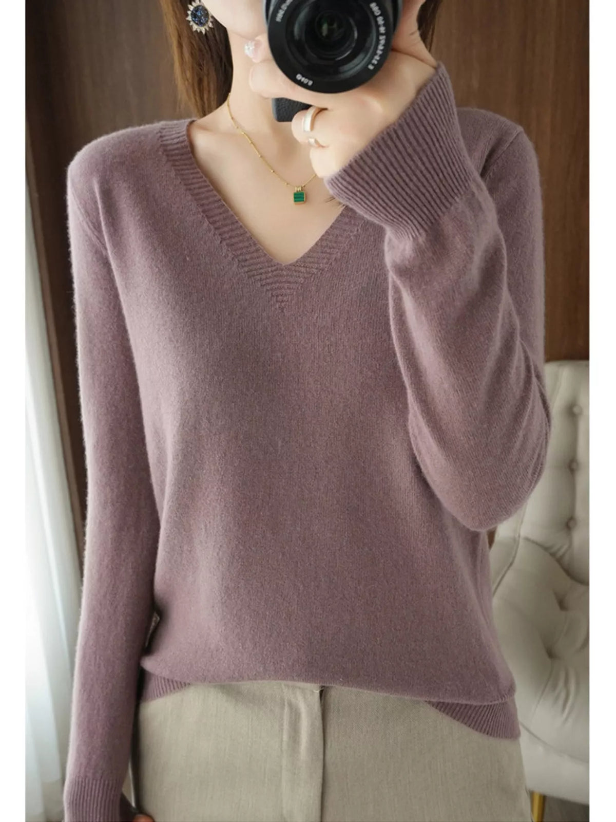 V-Neck Knit Sweater in purple