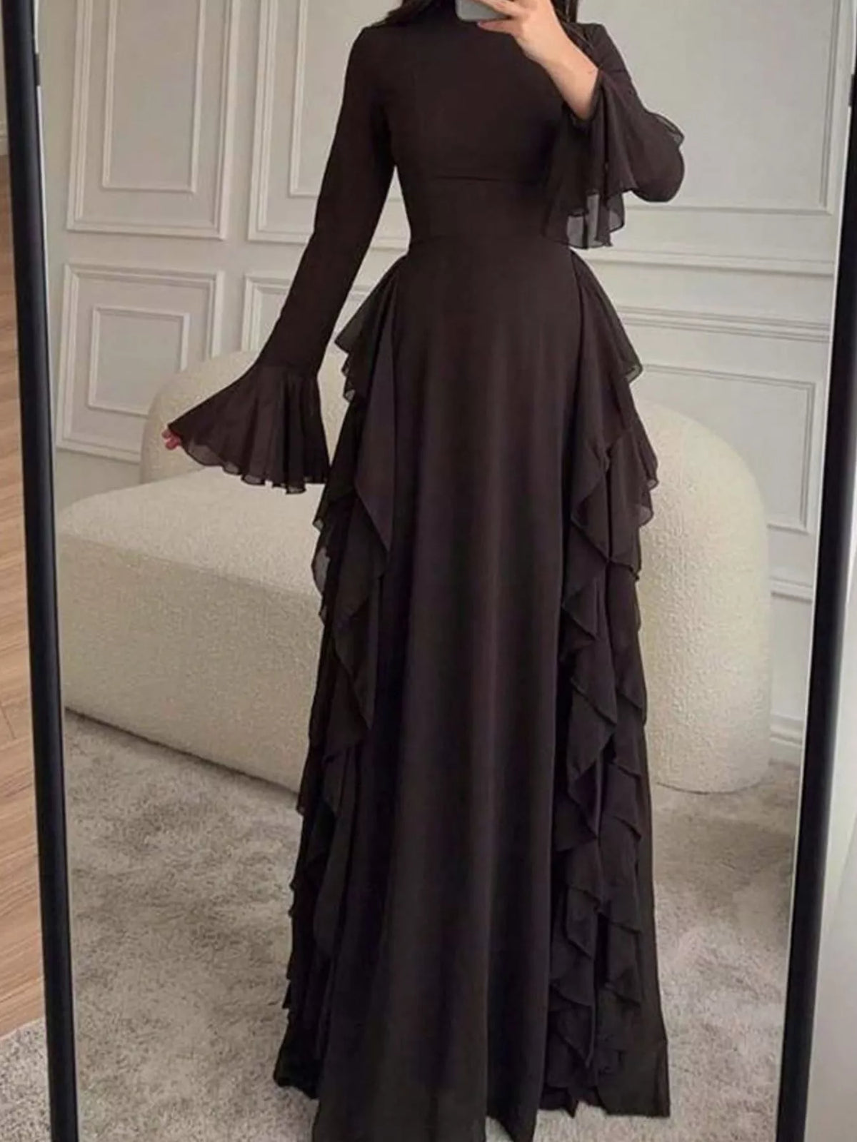 Mock neck long sleeve maxi dress, front view on model