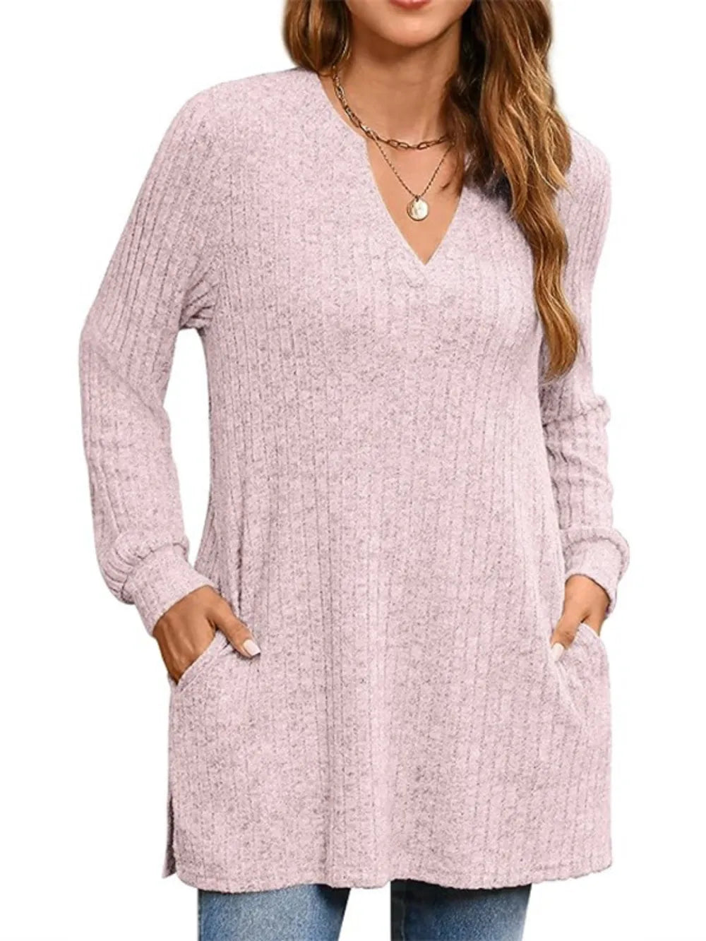 Trendsi Ribbed Notched Long Sleeve T-Shirt -