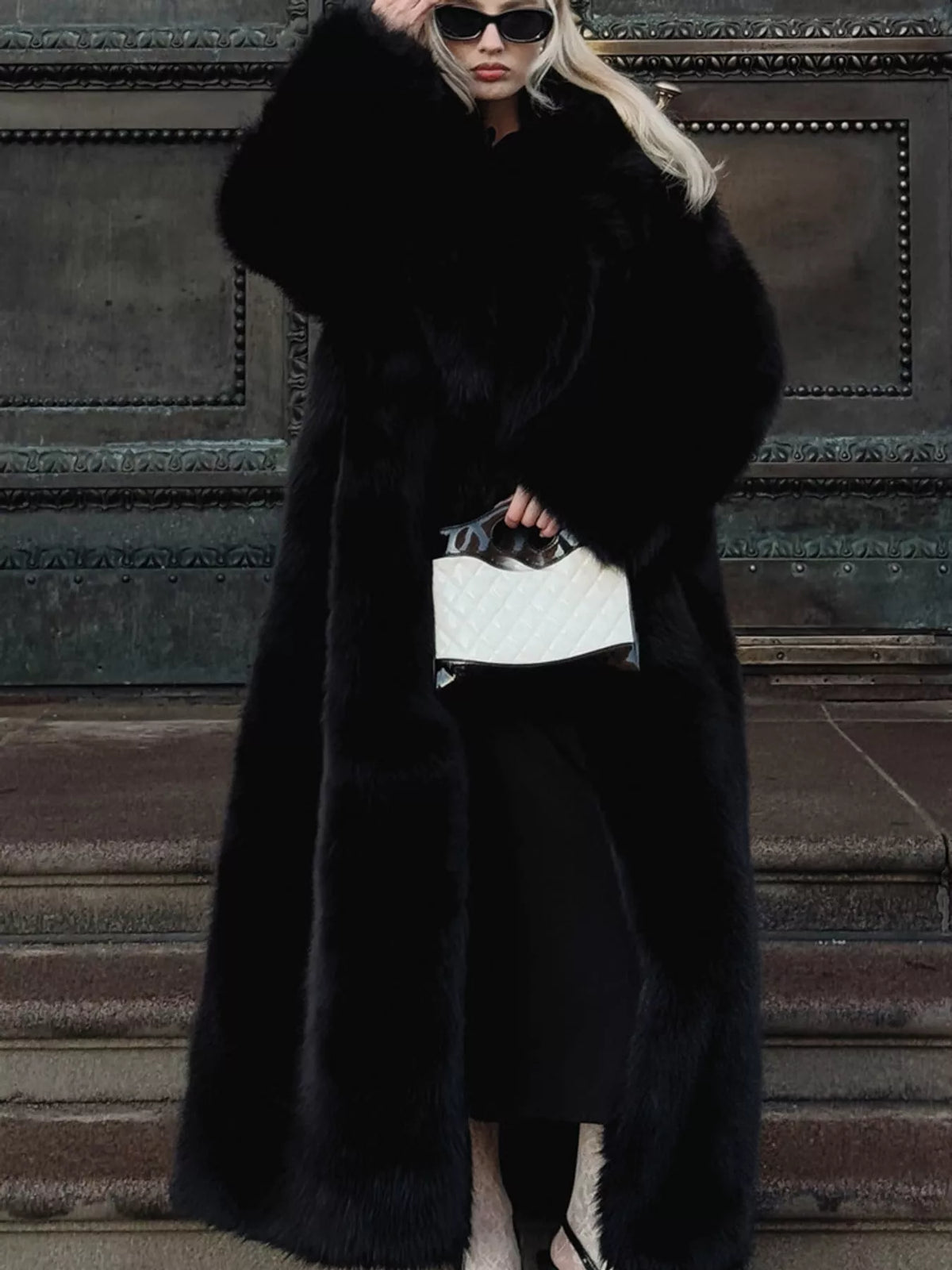 Faux Fur Open Front Longline Coat in black
