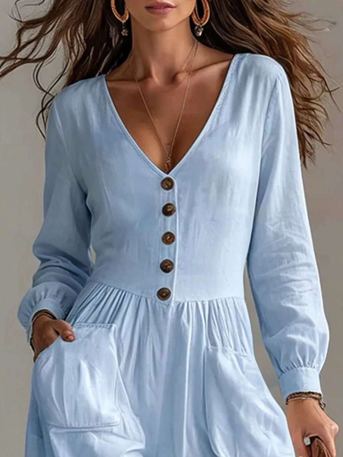 Trendsi V-Neck Long Sleeve Button Front Wide-Leg Jumpsuit -