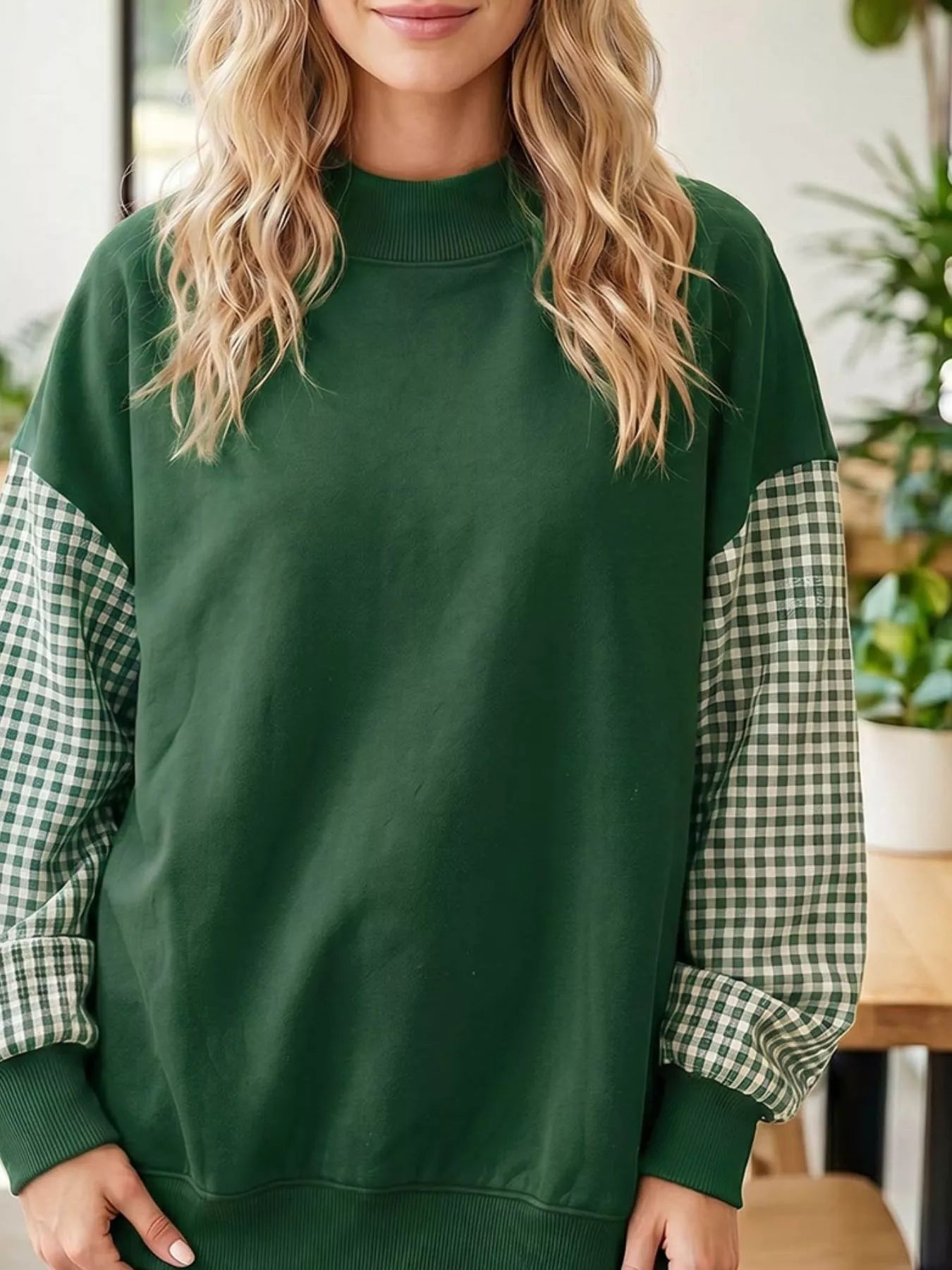 Trendsi Gingham Sleeve Mock Neck Sweatshirt -