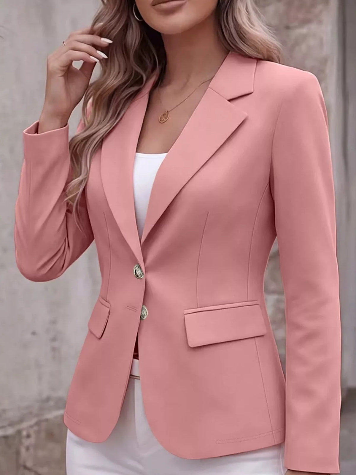 Collared long sleeve blazer, front view on model