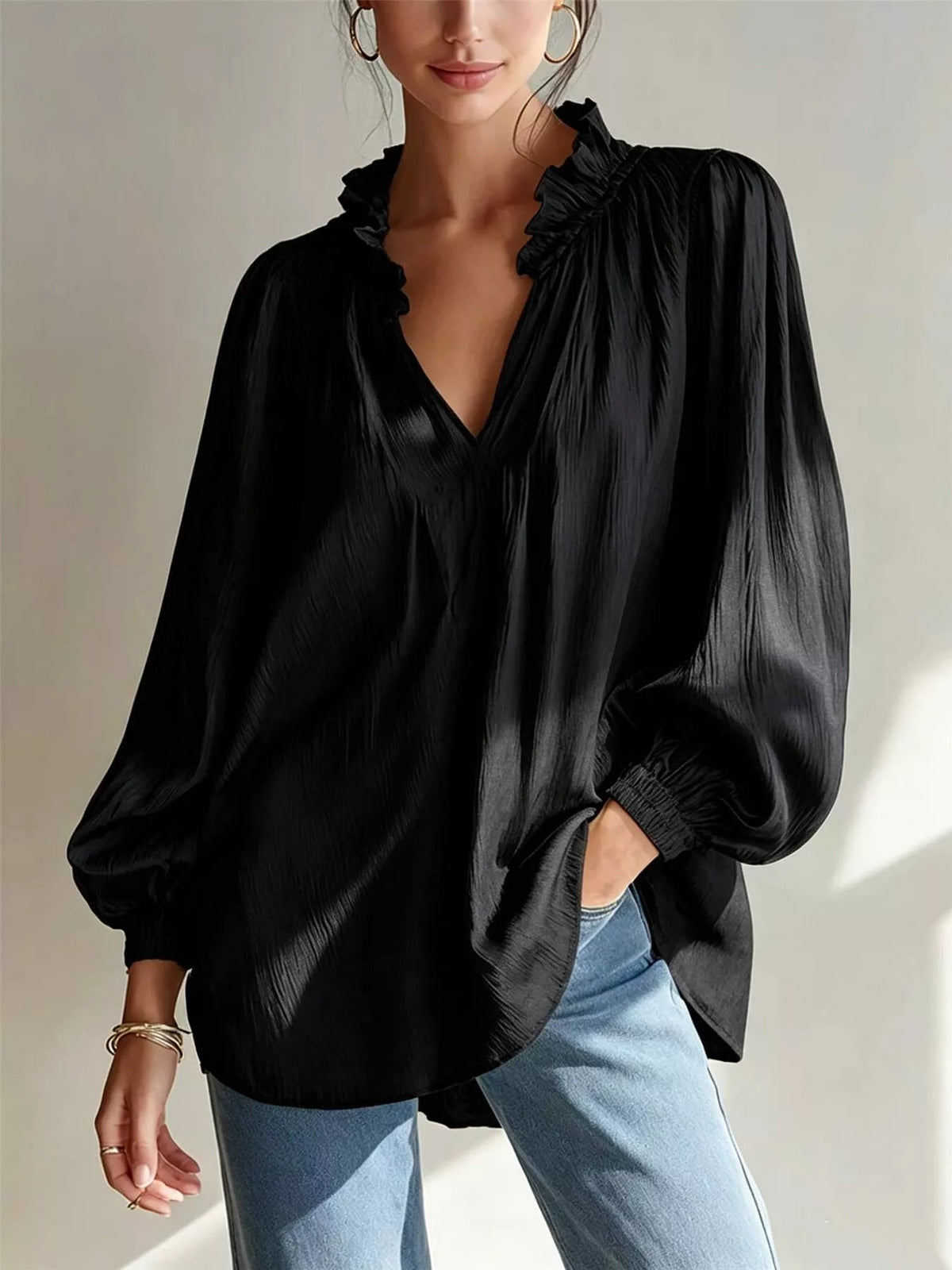 Trendsi Ruffle Trim Long Sleeves Blouse -