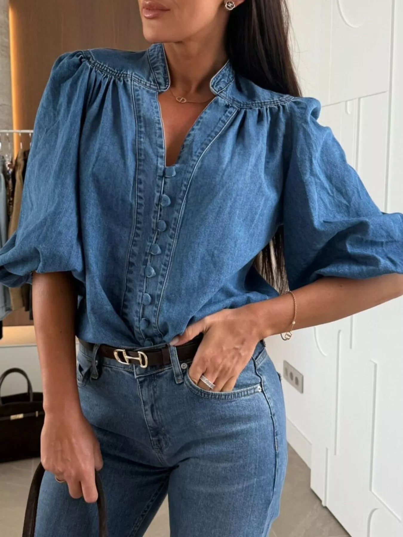 Trendsi Puff Sleeve Button Front Denim Top -