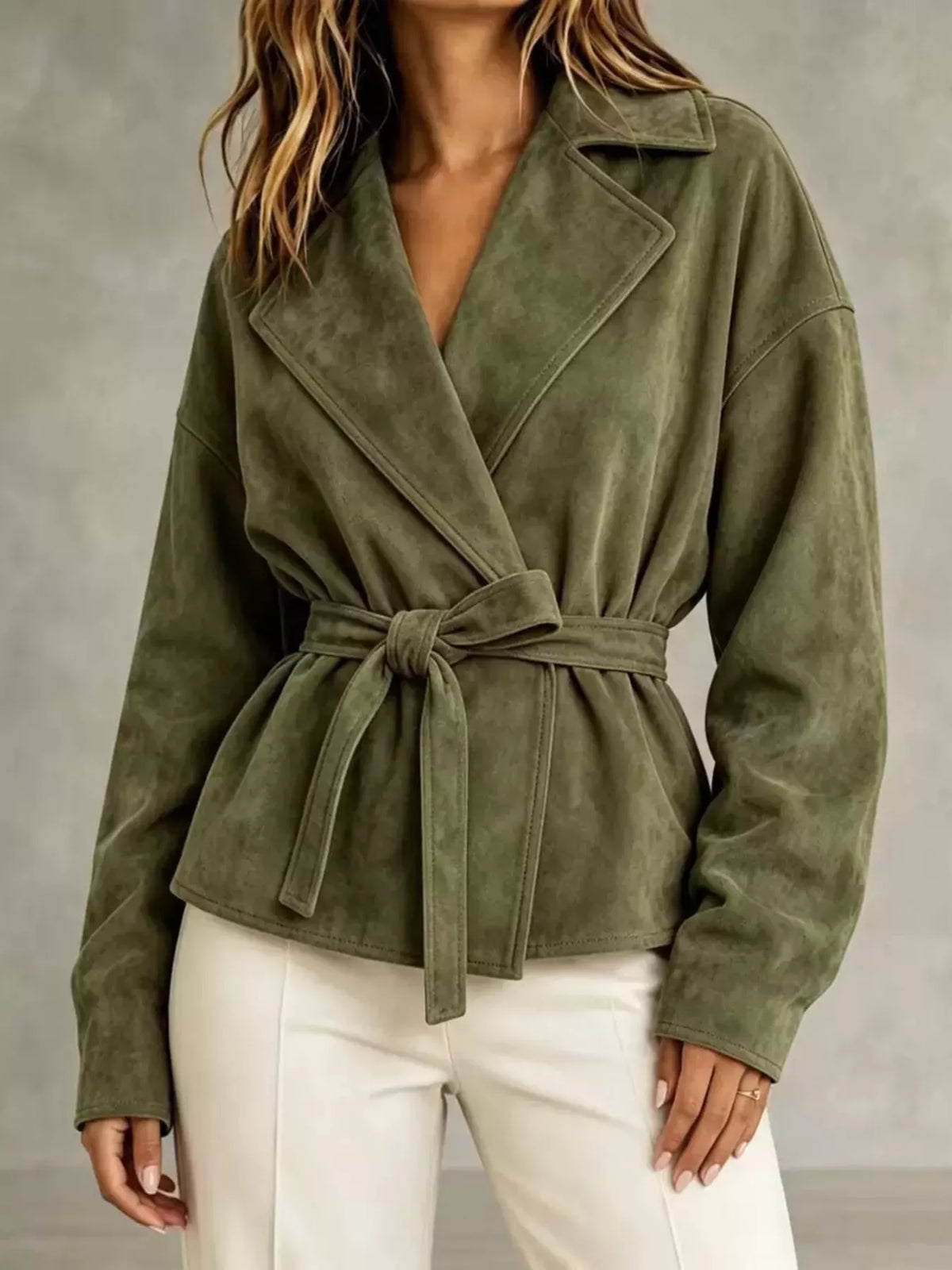 Green tie-waist lapel collar jacket