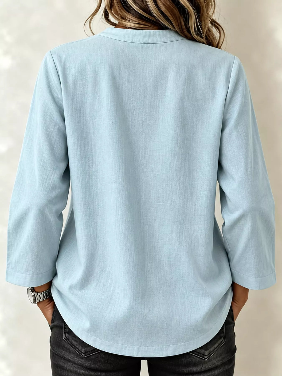 Chinese Style Mandarin Collar Blouse in light blue, back view