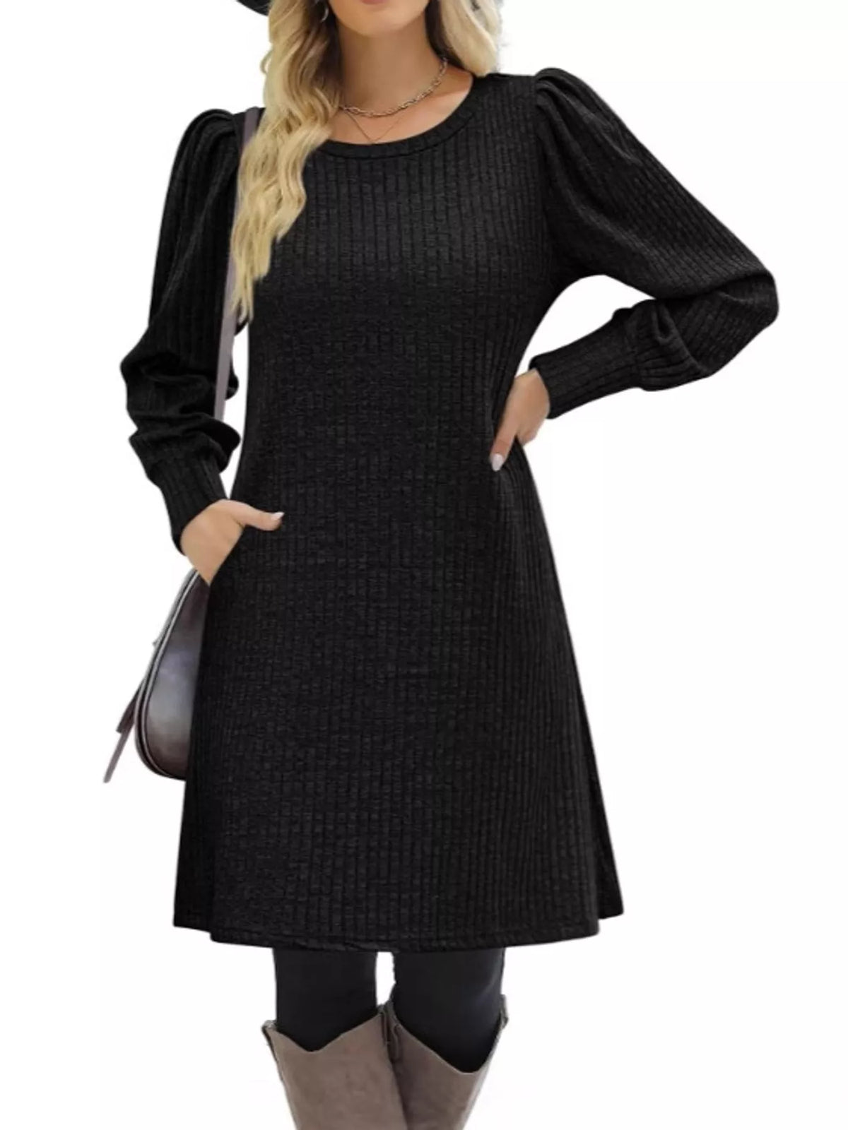 Ribbed puff-sleeve dress, black front