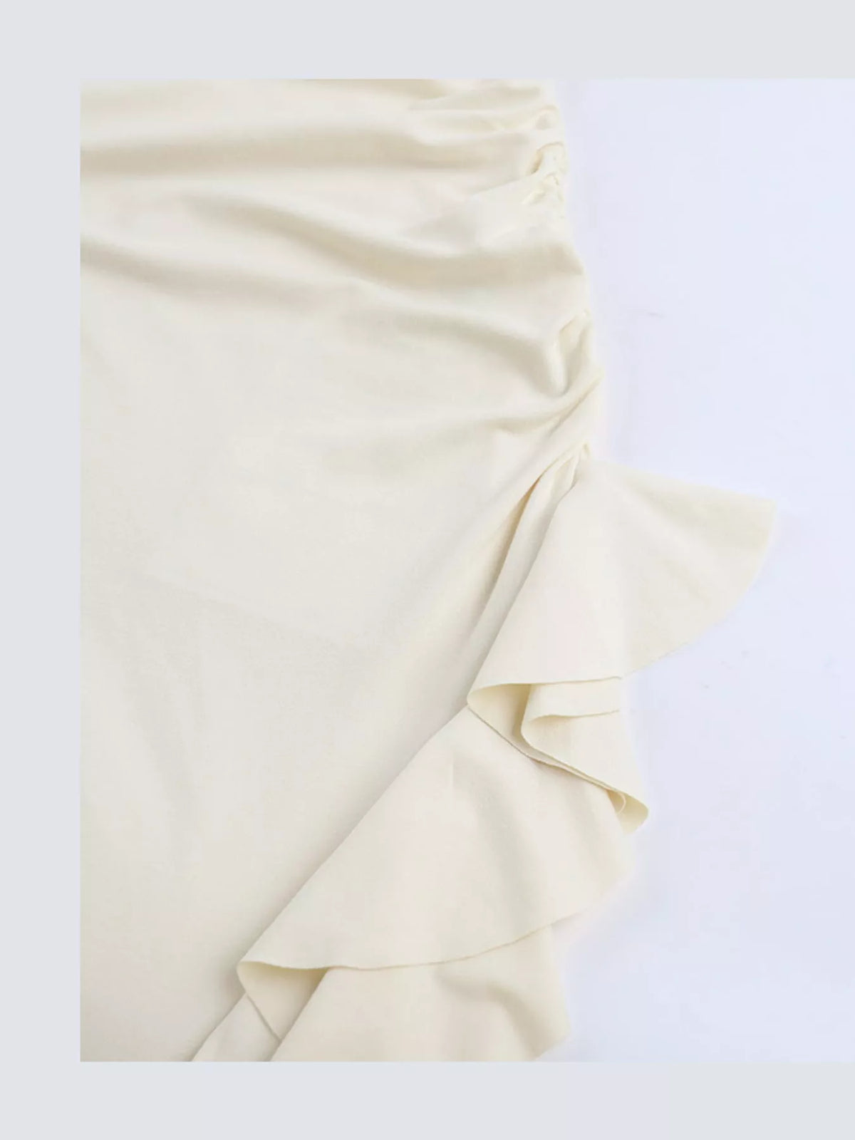 Cream one shoulder ruched ruffle hem maxi dress, detail view