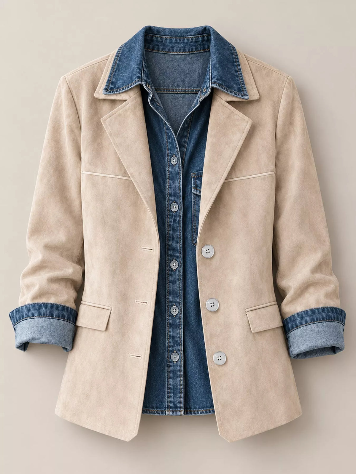 Beige lapel collar button-up blazer — front view