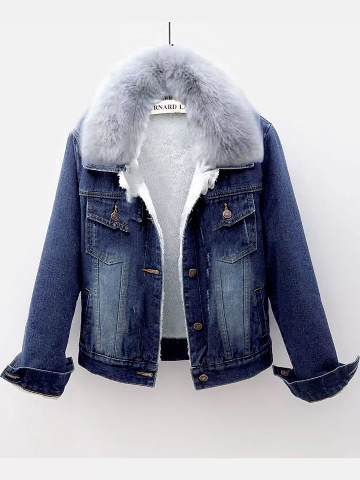 Dark blue distressed denim jacket with sherpa fleece lining