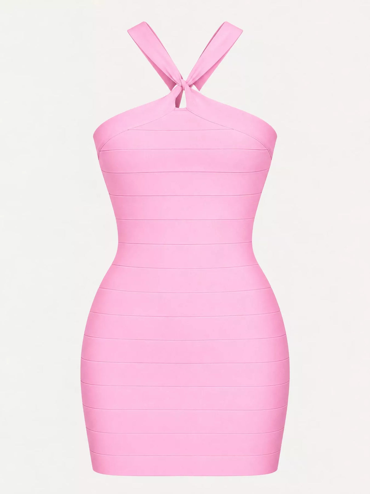 Pink halter neck bodycon dress, front view