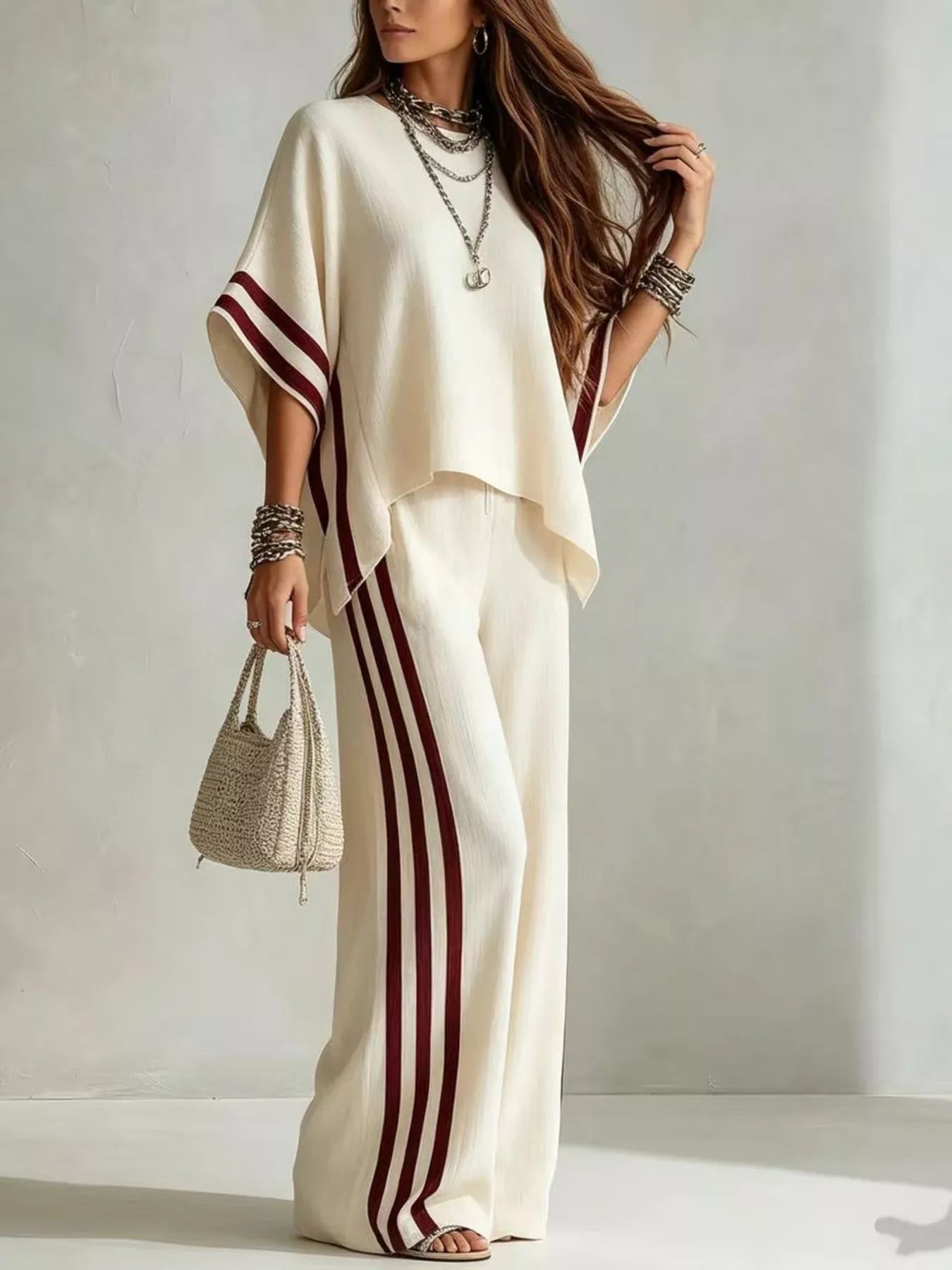 Trendsi Full Size Striped 3/4 Sleeve Top and Pants Set Plus Size -