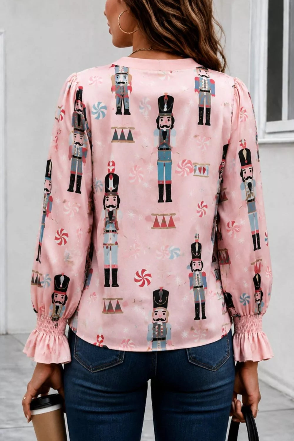 Trendsi Nutcracker Print Notched Flounce Sleeve Blouse -