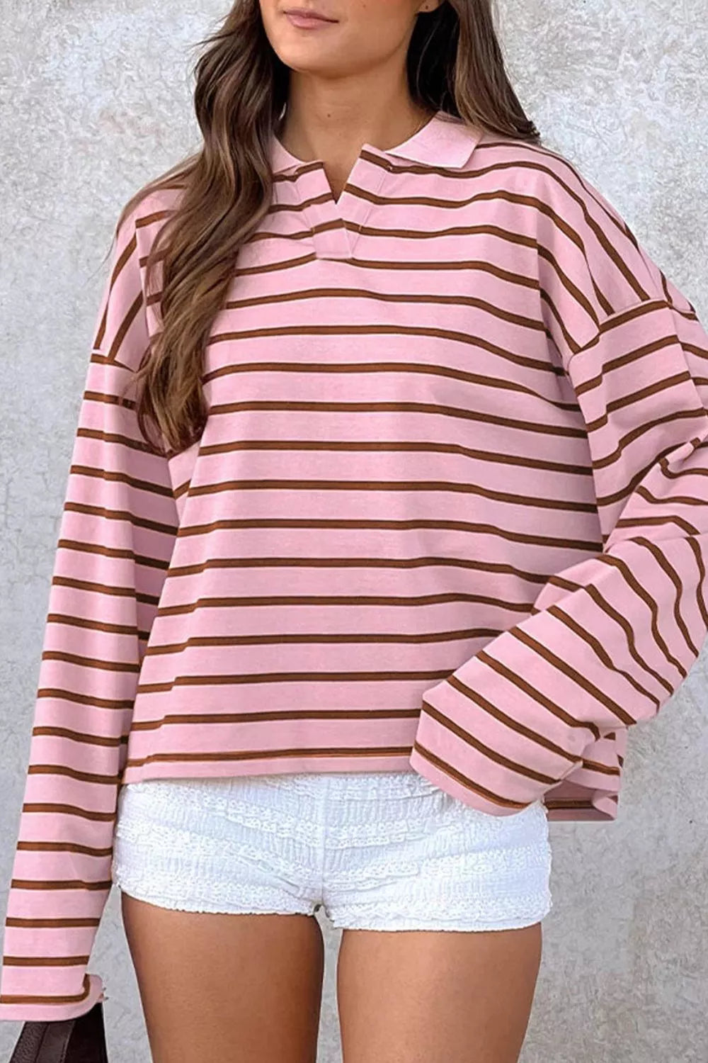 Trendsi Stripe Striped Long Sleeve Collar Shift Top -