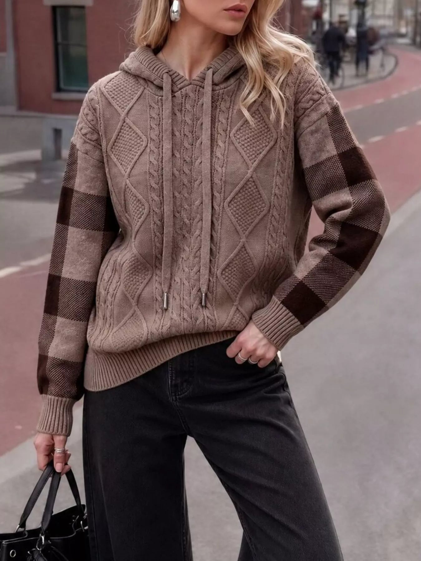 Trendsi Cable-Knit Plaid Sleeves Hooded Sweater -