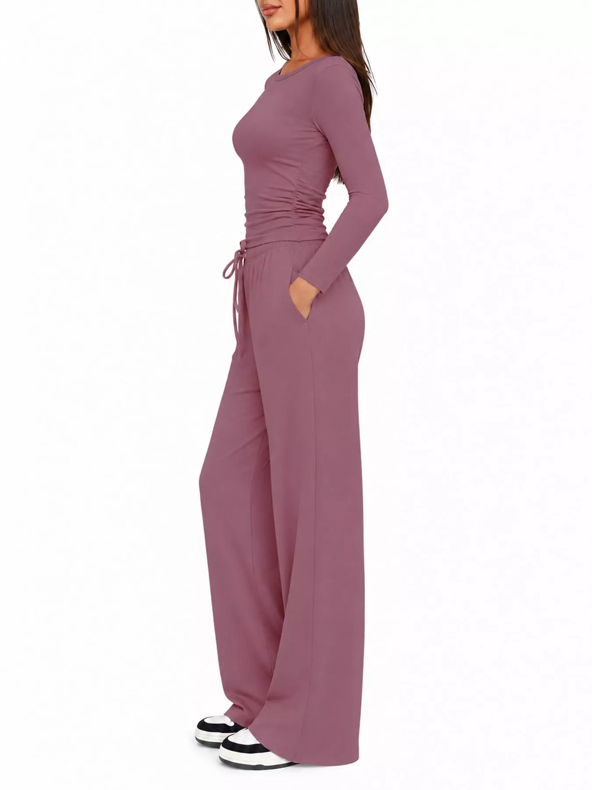 Long Sleeve Top and Wide-Leg Drawstring Pants Set — side view