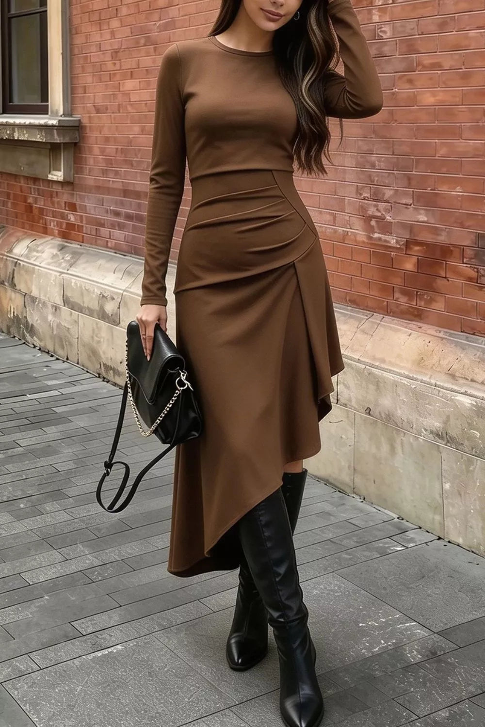 Trendsi Ruched Asymmetrical Hem Long Sleeve Dress -