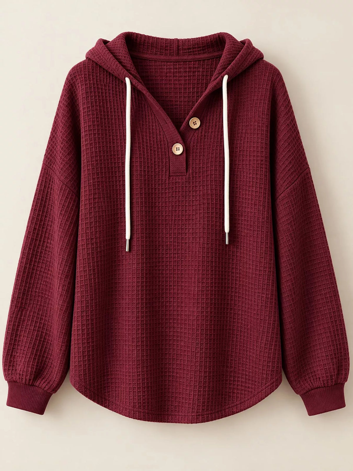 Waffle-knit hoodie, burgundy flat lay