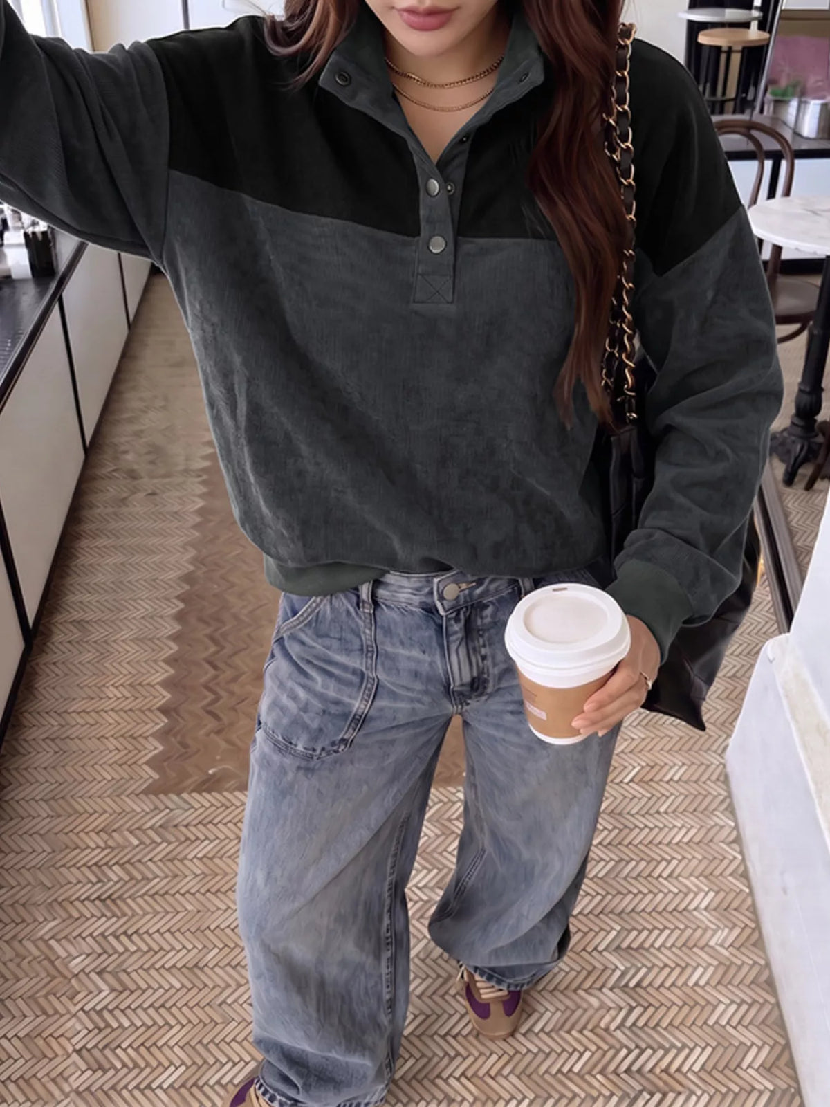 Color-Block Corduroy Quarter-Snap Sweatshirt — front view