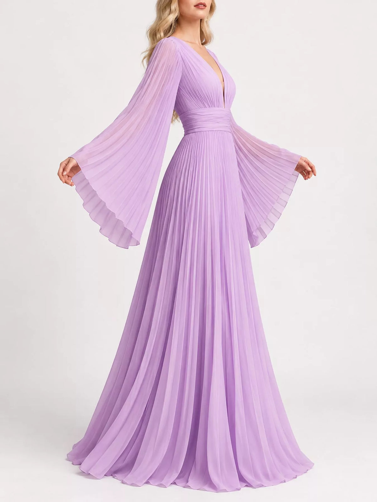 Purple v-neck pleated maxi dress, side view