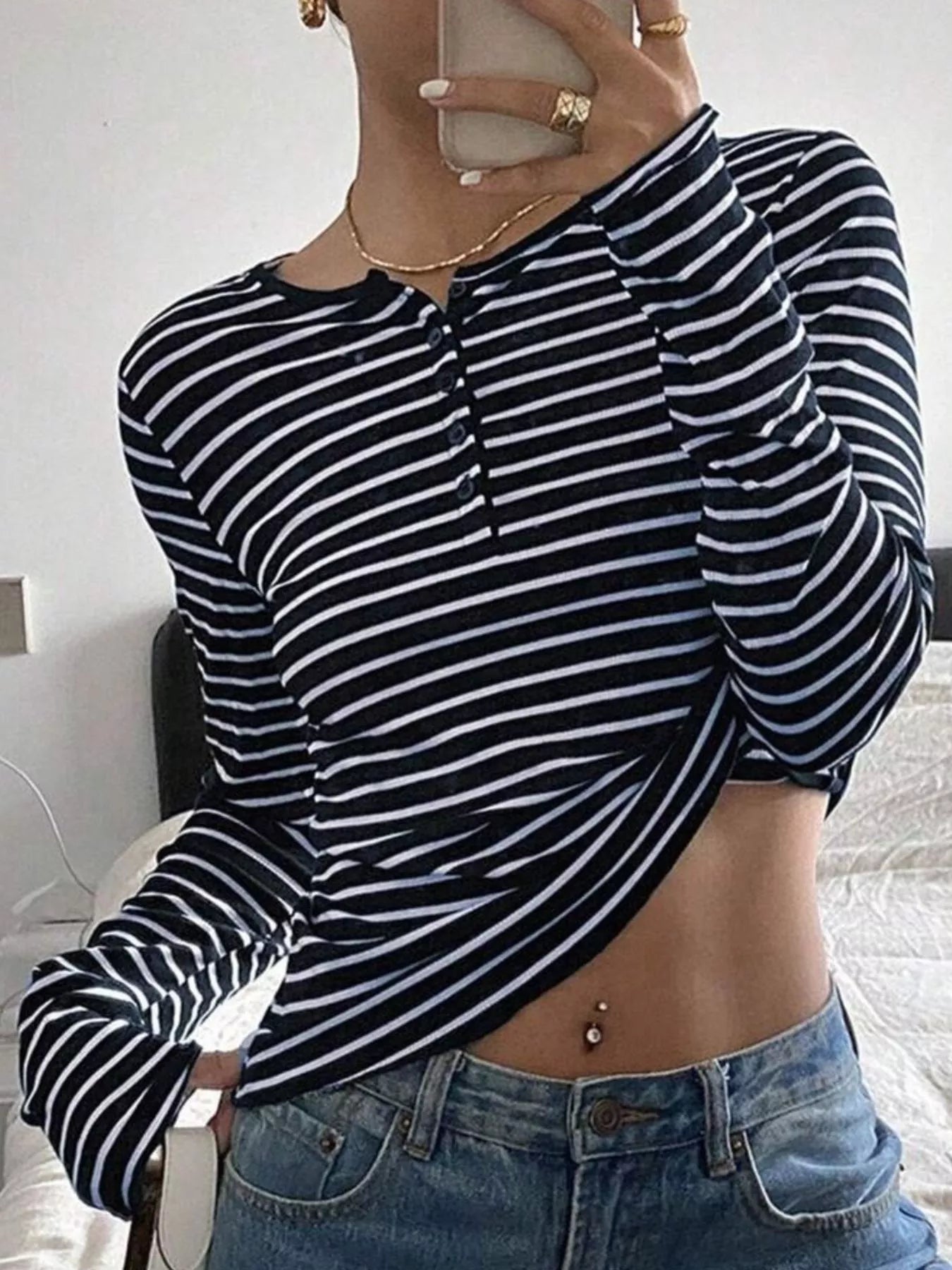 Trendsi Long Sleeve Striped Henley T-Shirt -