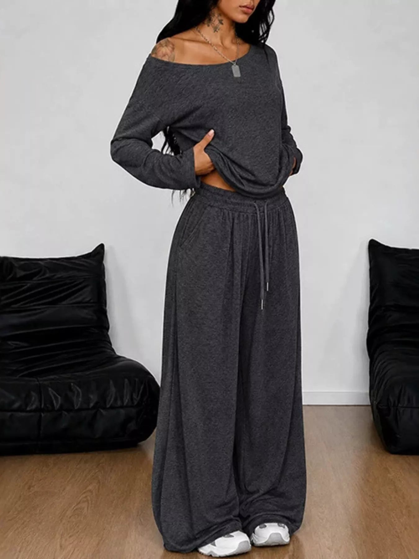 Trendsi Full Size One-Shoulder Top and Drawstring Pants Set Plus Size -