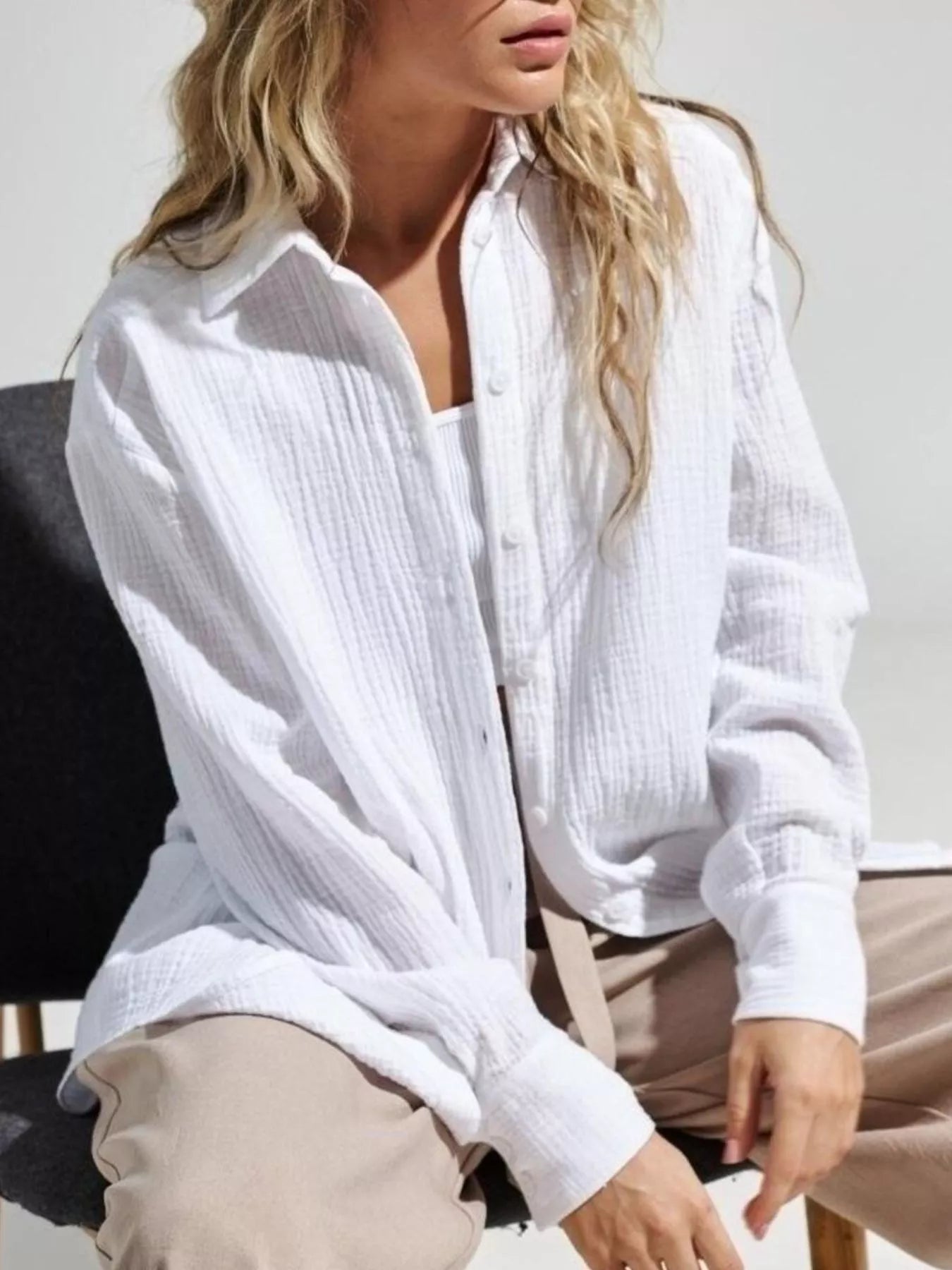 Trendsi Textured Gauze Button-Down Shirt -