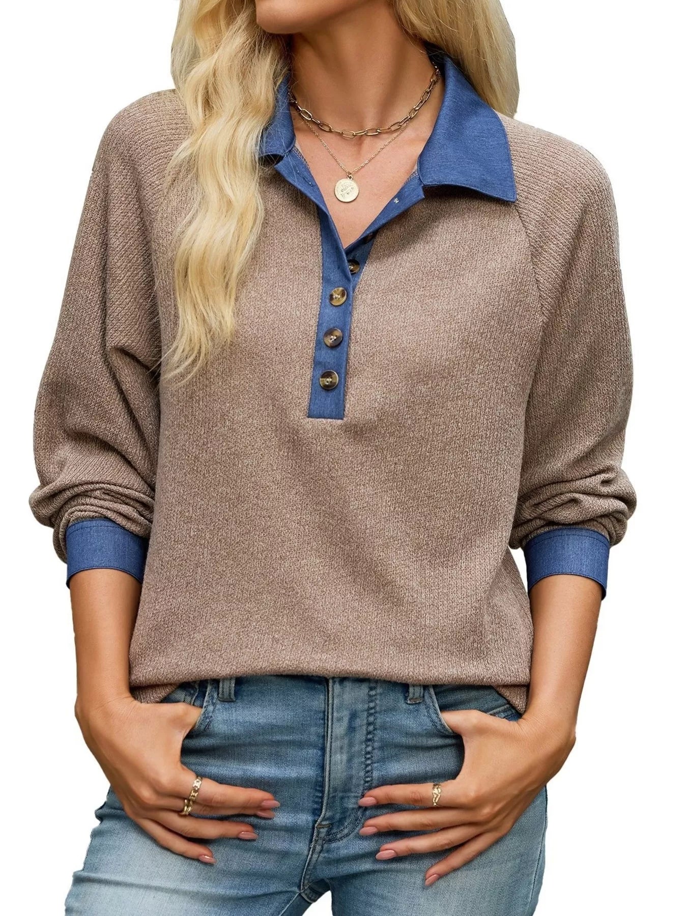 Trendsi Button Detail Raglan Sleeve Top -