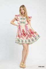 Trendsi Umgee Mix Ruffle Sleeve Boho Print Dress - Dresses