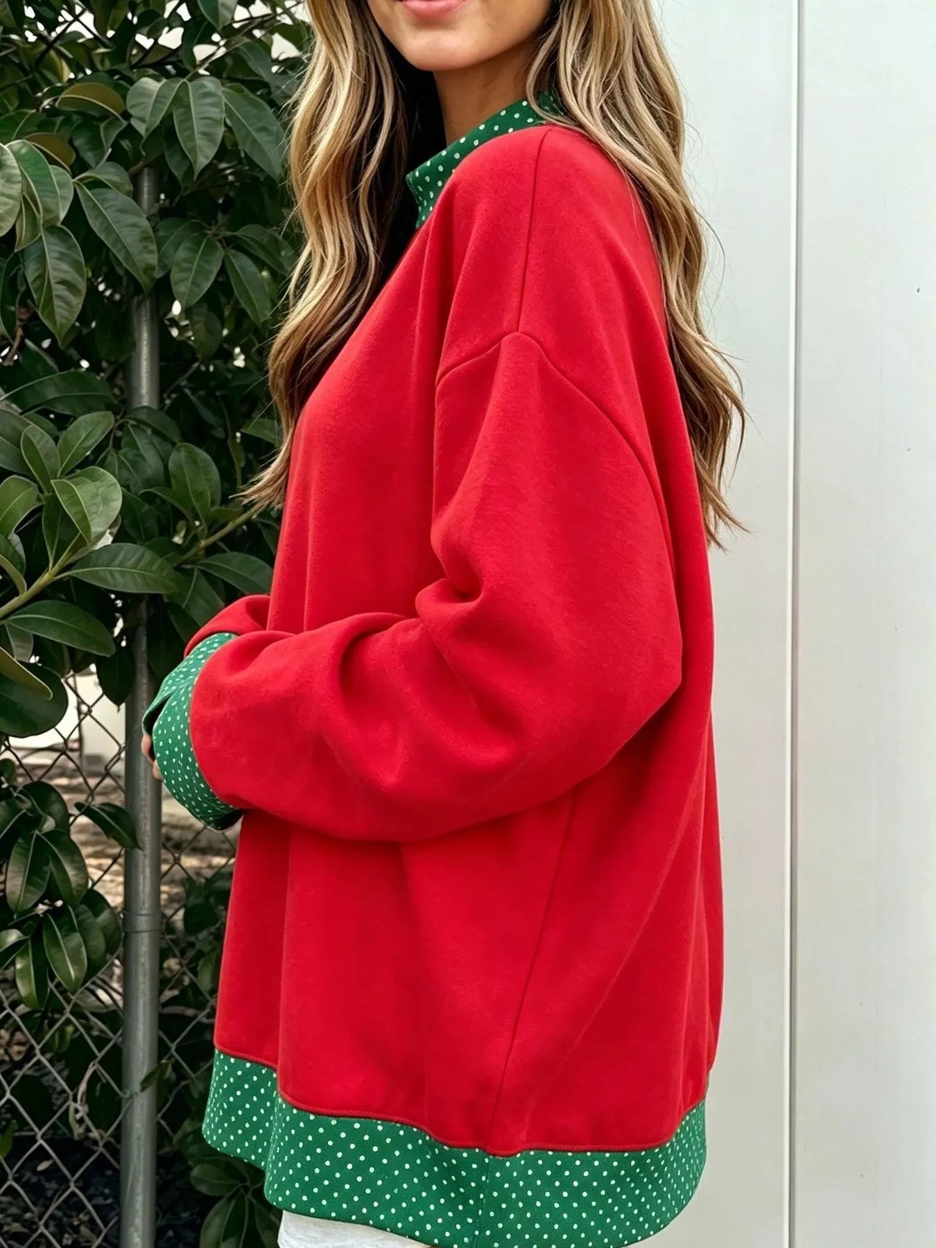Trendsi Polka Dot Contrast Trim Dropped Shoulder Sweatshirt -