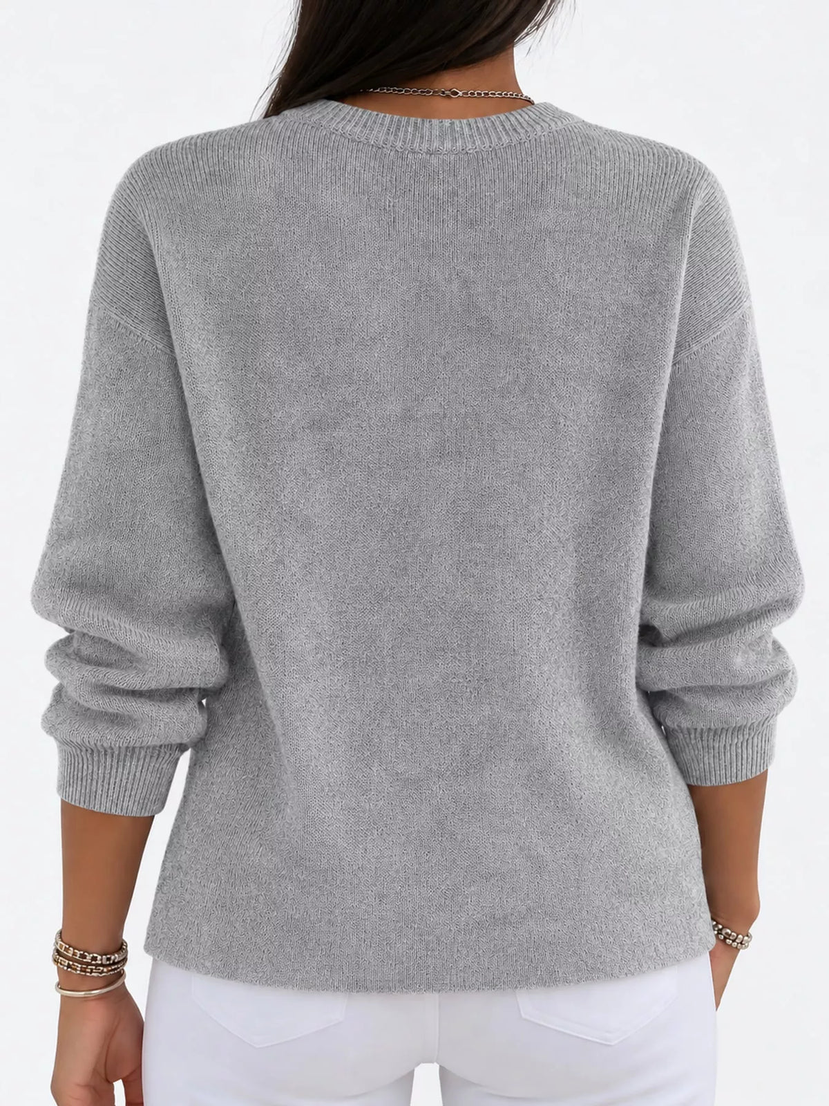 Gray crew neck sweater, back view