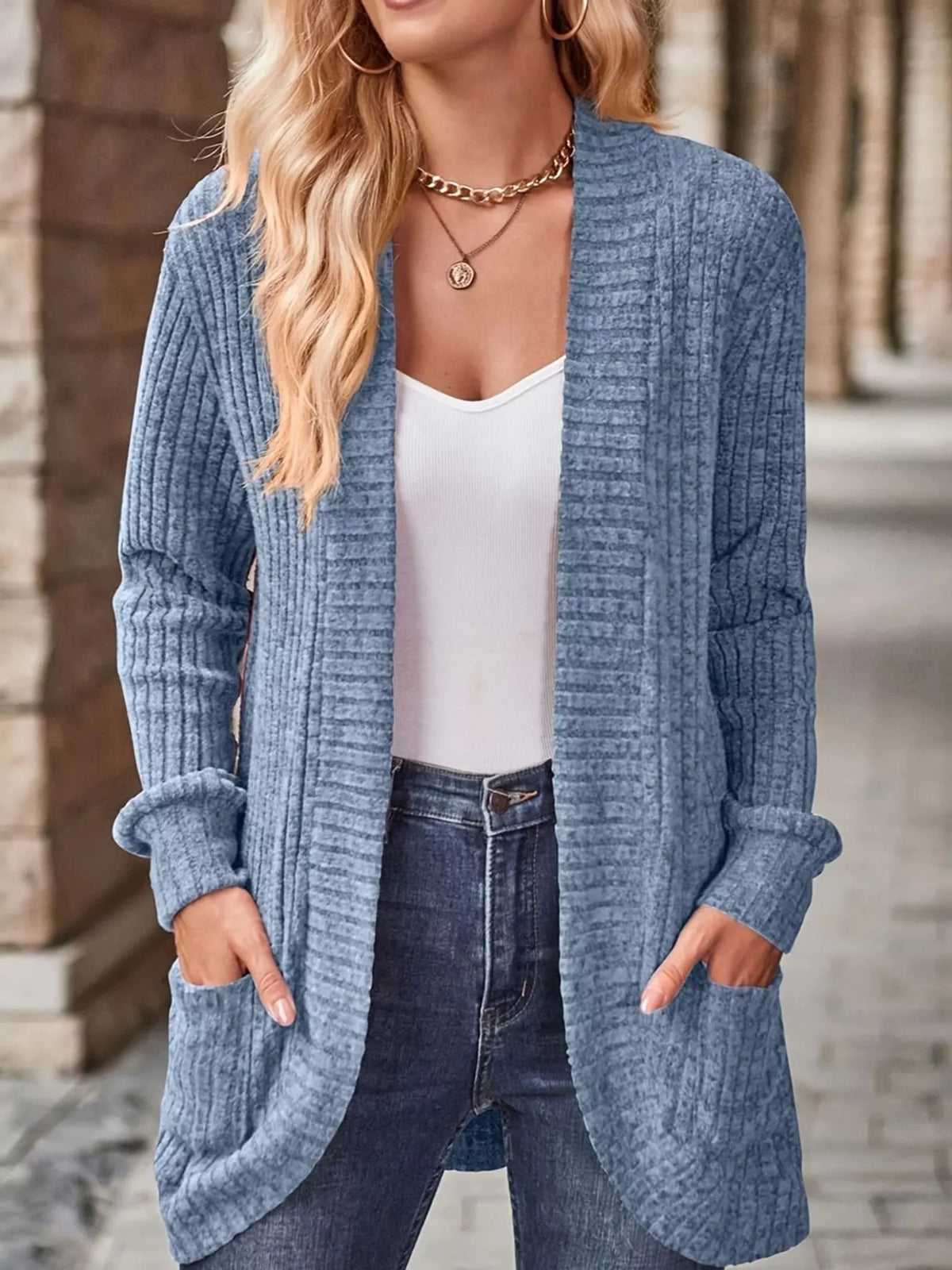 Ribbed Knit Open Front Cardigan with Pockets — front view