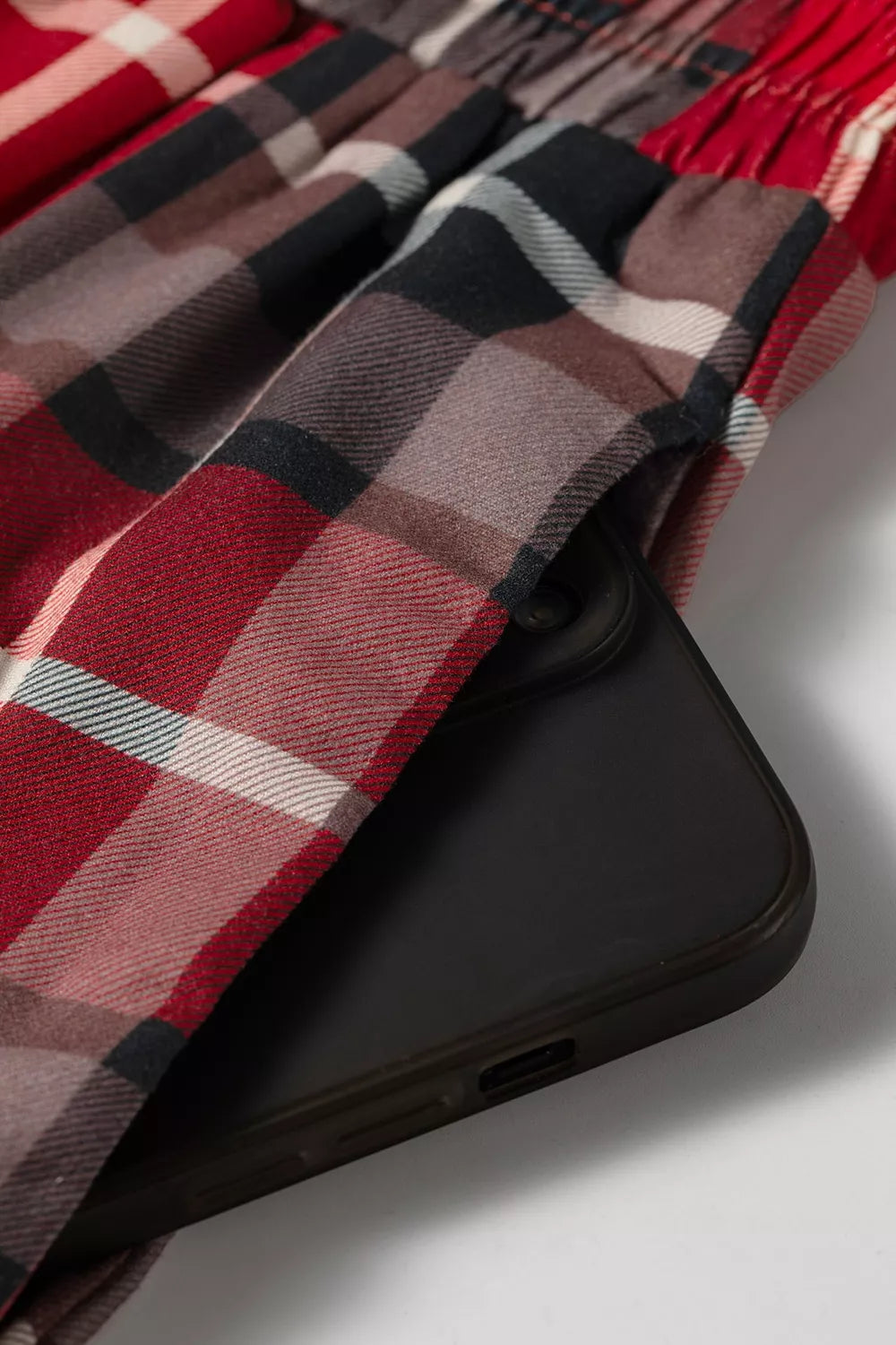 Plaid Elastic Waist Pocket Regular Full-Length Pants in red, pocket detail