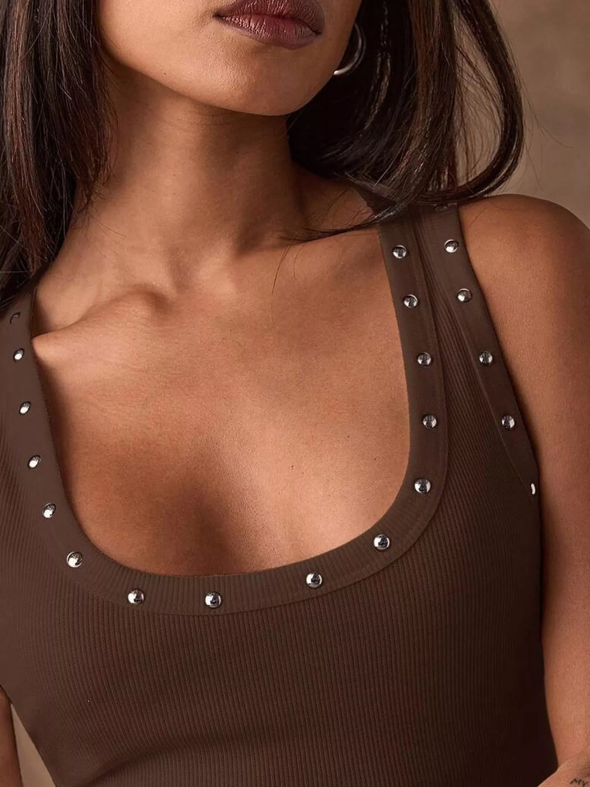 Women's Studded Ribbed Knit Tank Top in brown — neckline detail view
