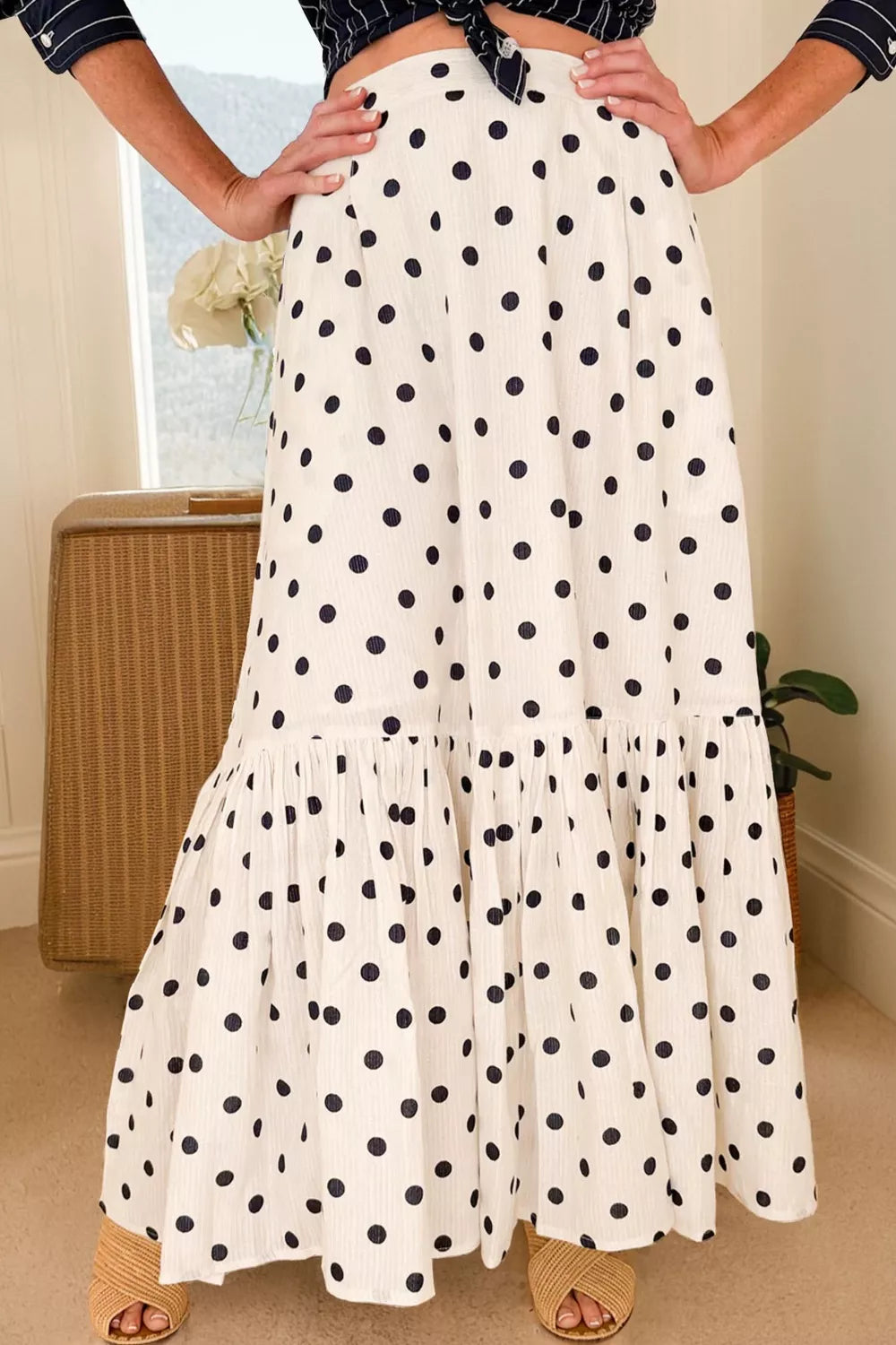 Trendsi Polka Dot Ruffled Slit Maxi Skirt -