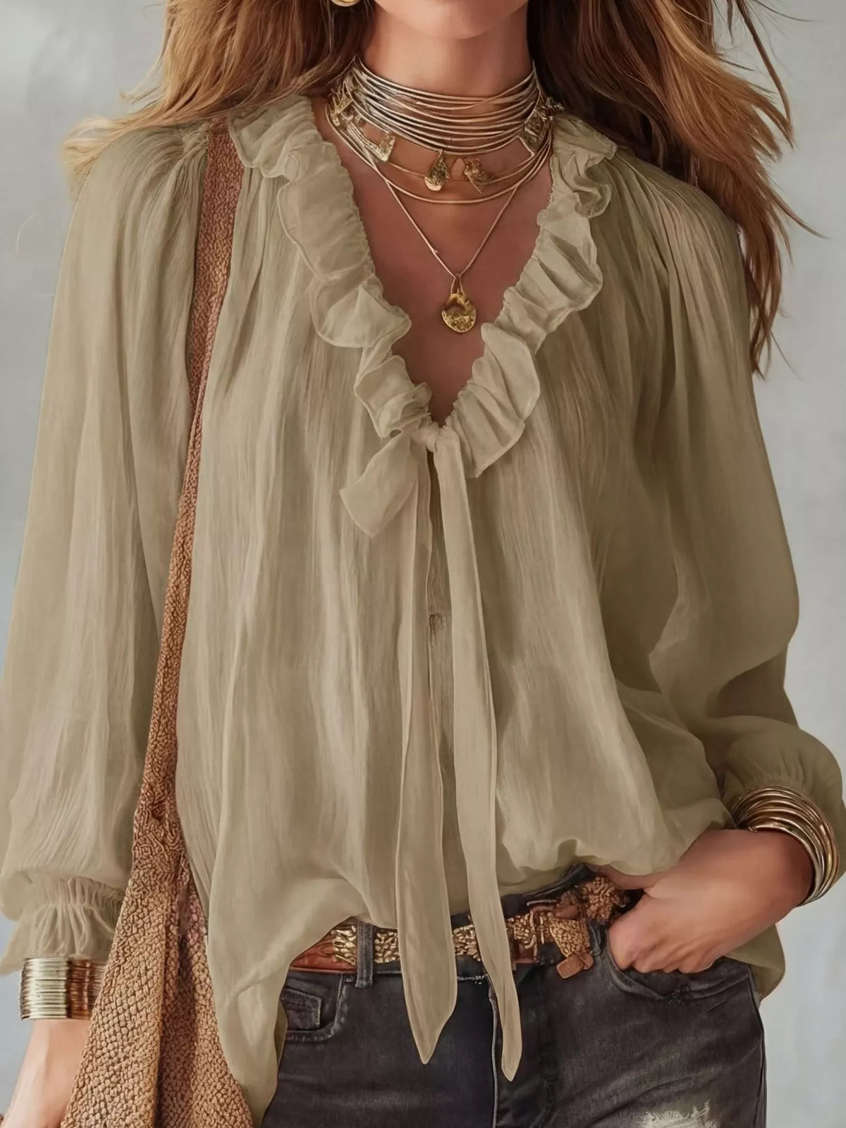 V-neck long sleeve blouse, front view on model