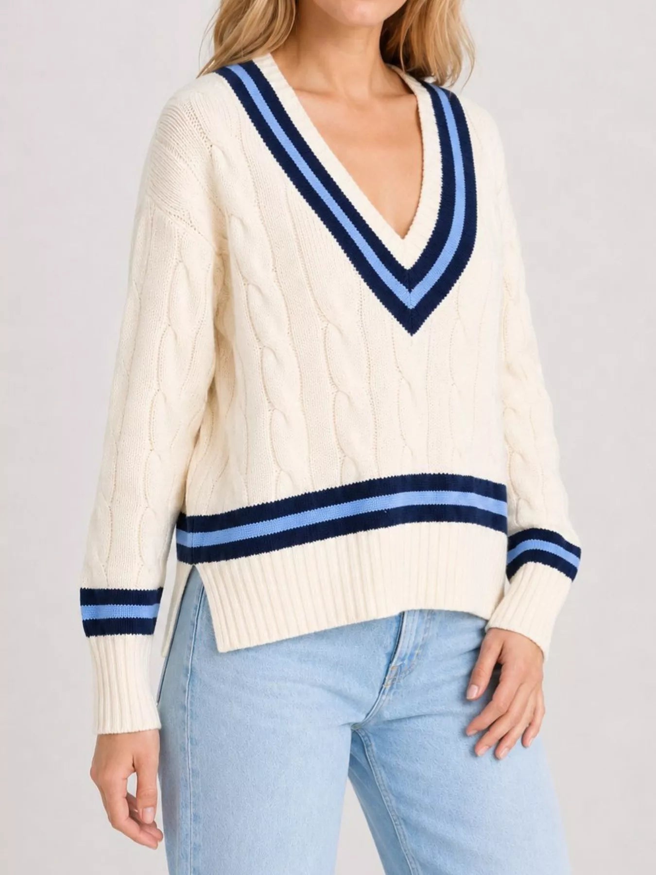 Trendsi V-Neck Cable Knit Sweater with Contrast Striped Trim -
