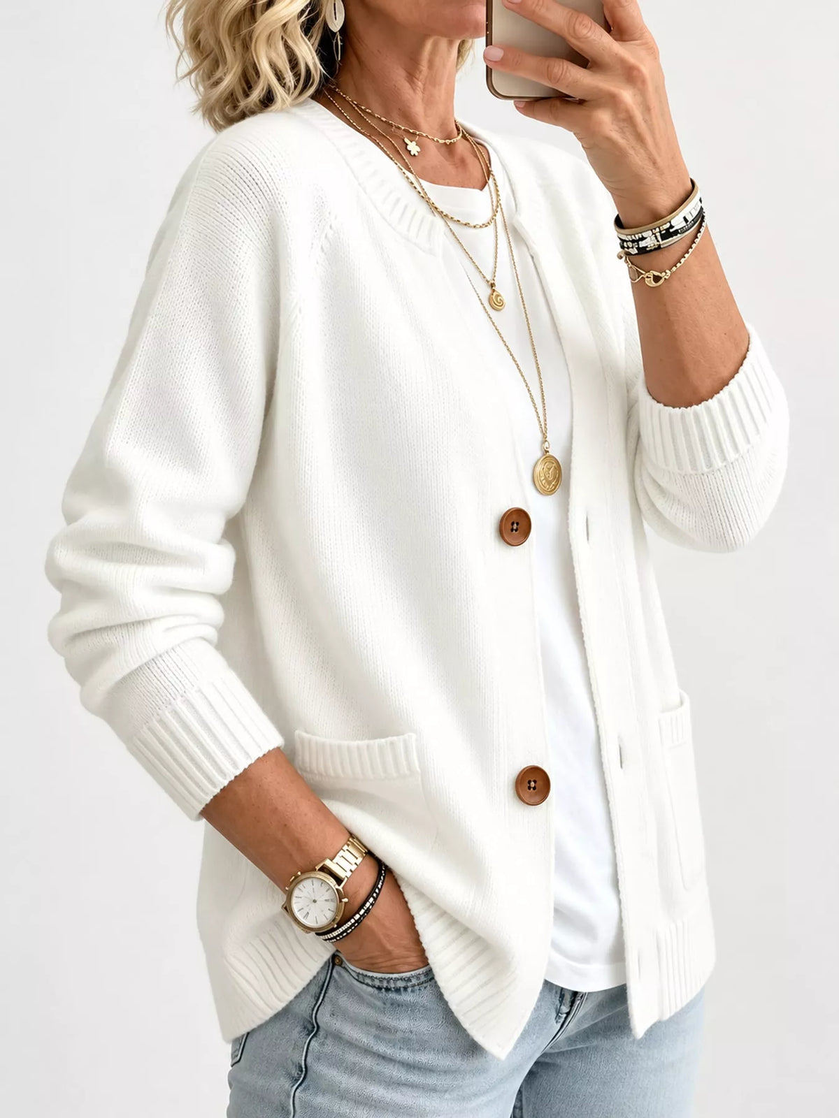 Women's Button-Down Knit Cardigan in white — side view