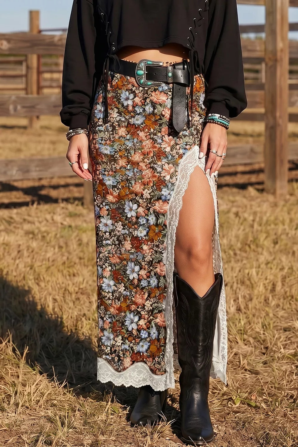 Trendsi Multicolour Cheetah Print Trim Split Long Western Skirt -