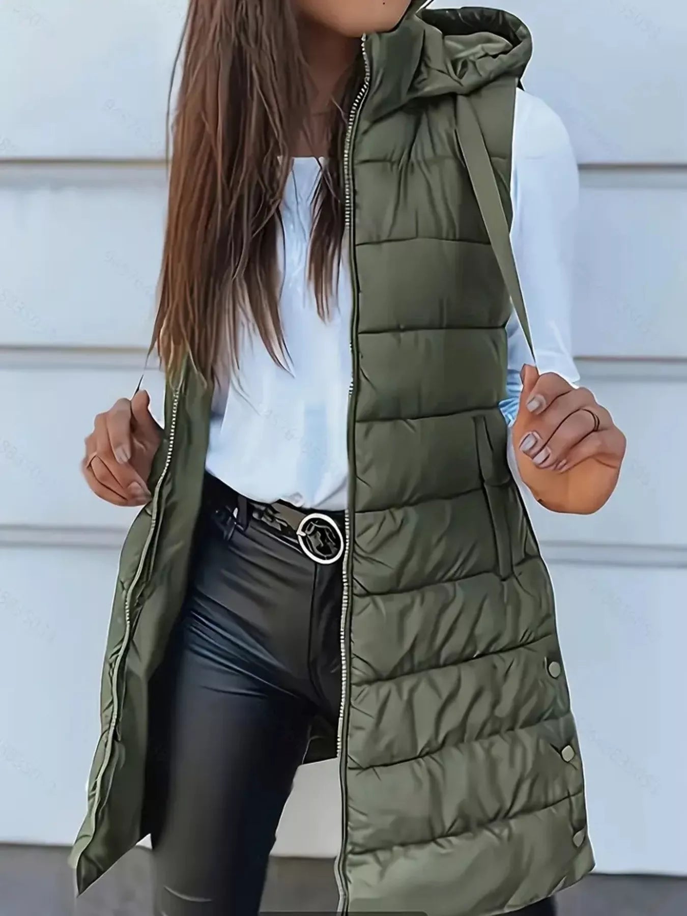 Trendsi Zip Up Longline Hooded Puffer Vest Coat -