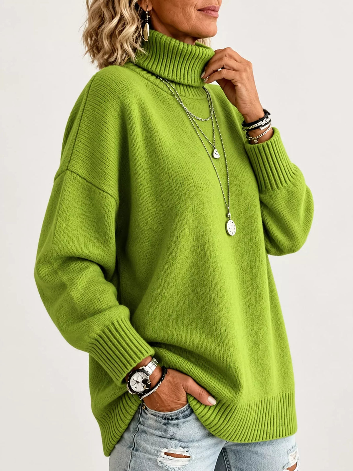 Green turtleneck sweater, side view