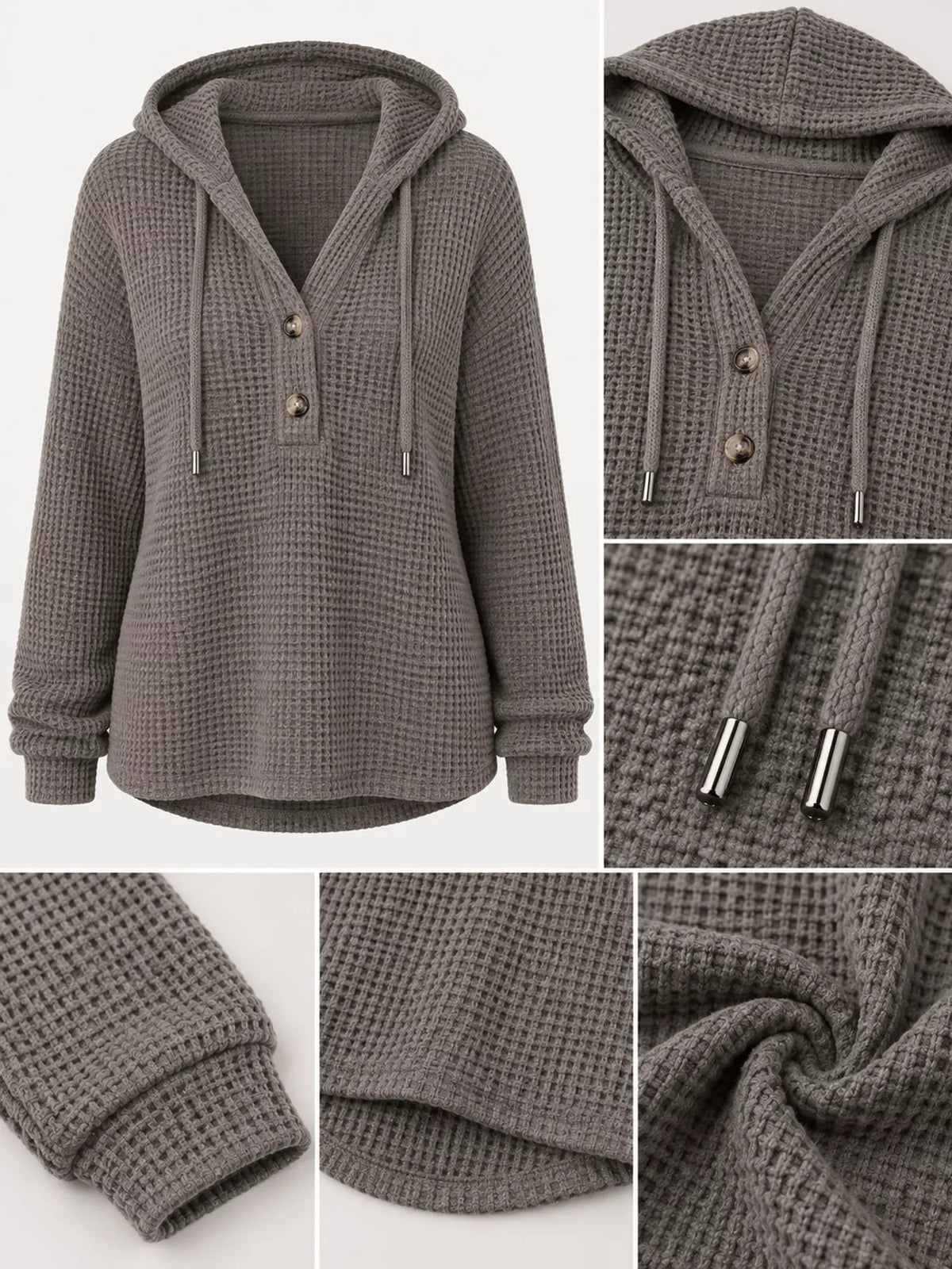 Dark gray waffle knit button-detail hoodie, hood button cuff and waffle-knit details