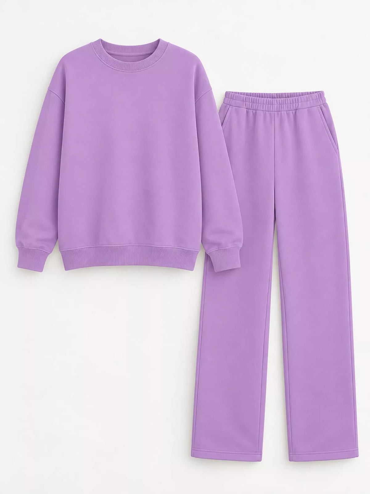 Crewneck Drop Shoulder Sweatshirt and Wide-Leg Pants Set — garment front