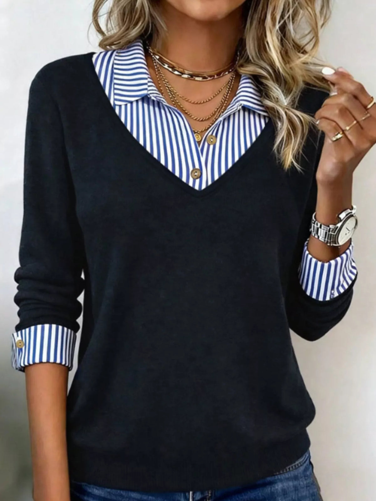 Women's Layered Look Striped Collar Long Sleeve Top in Black, front view