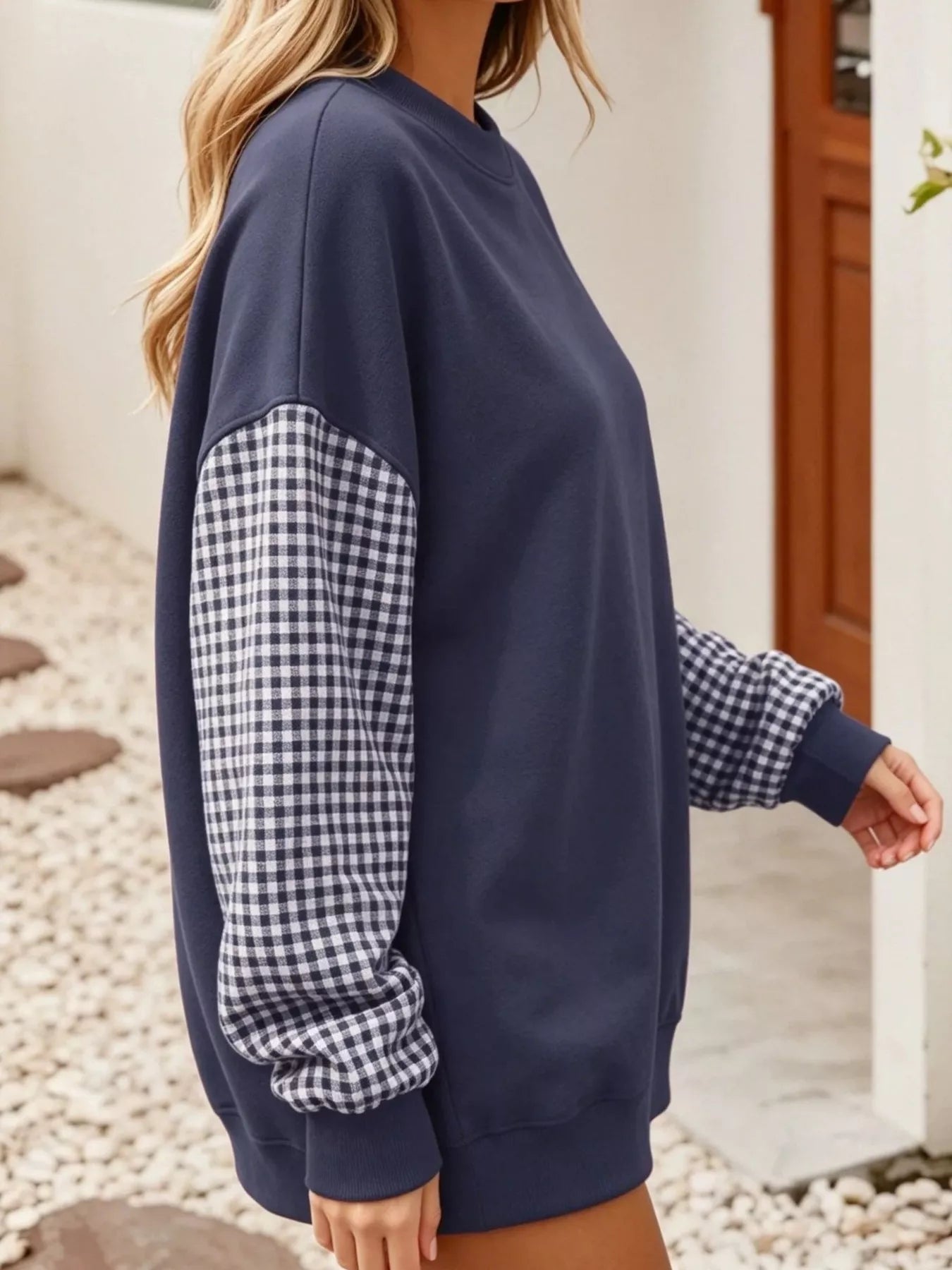 Trendsi Contrast Gingham Long Sleeve Sweatshirt -