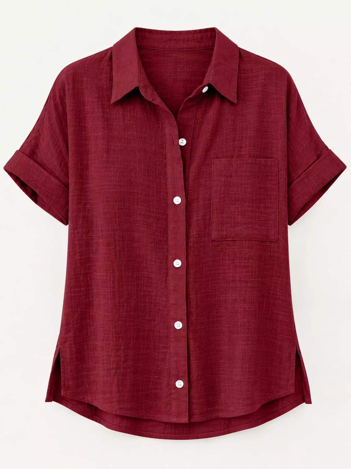 Women's Button Up Short Sleeve Shirt in burgundy — flat lay view