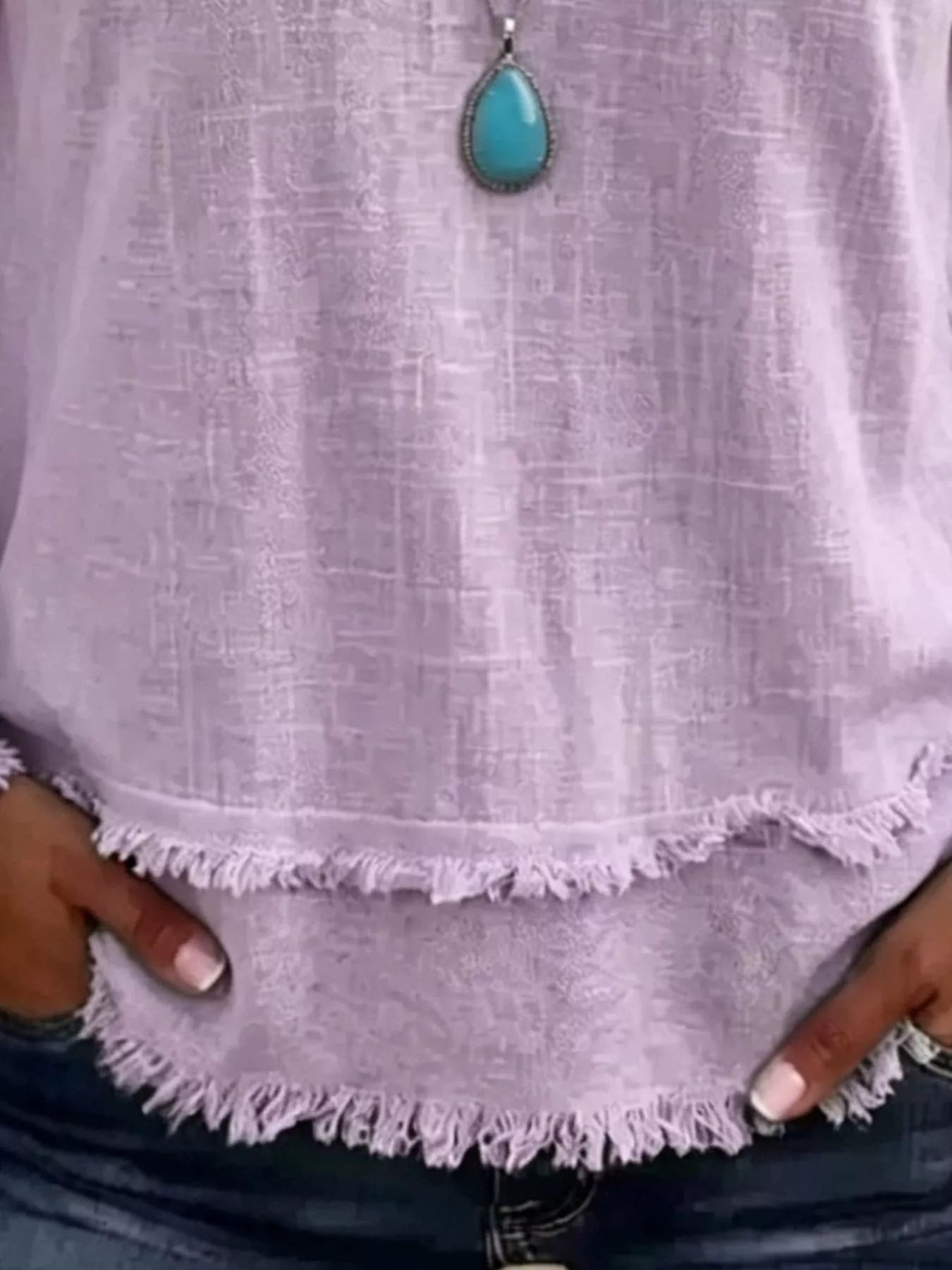 Trendsi V-Neck Long Sleeve Blouse with Frayed Hem Detail -